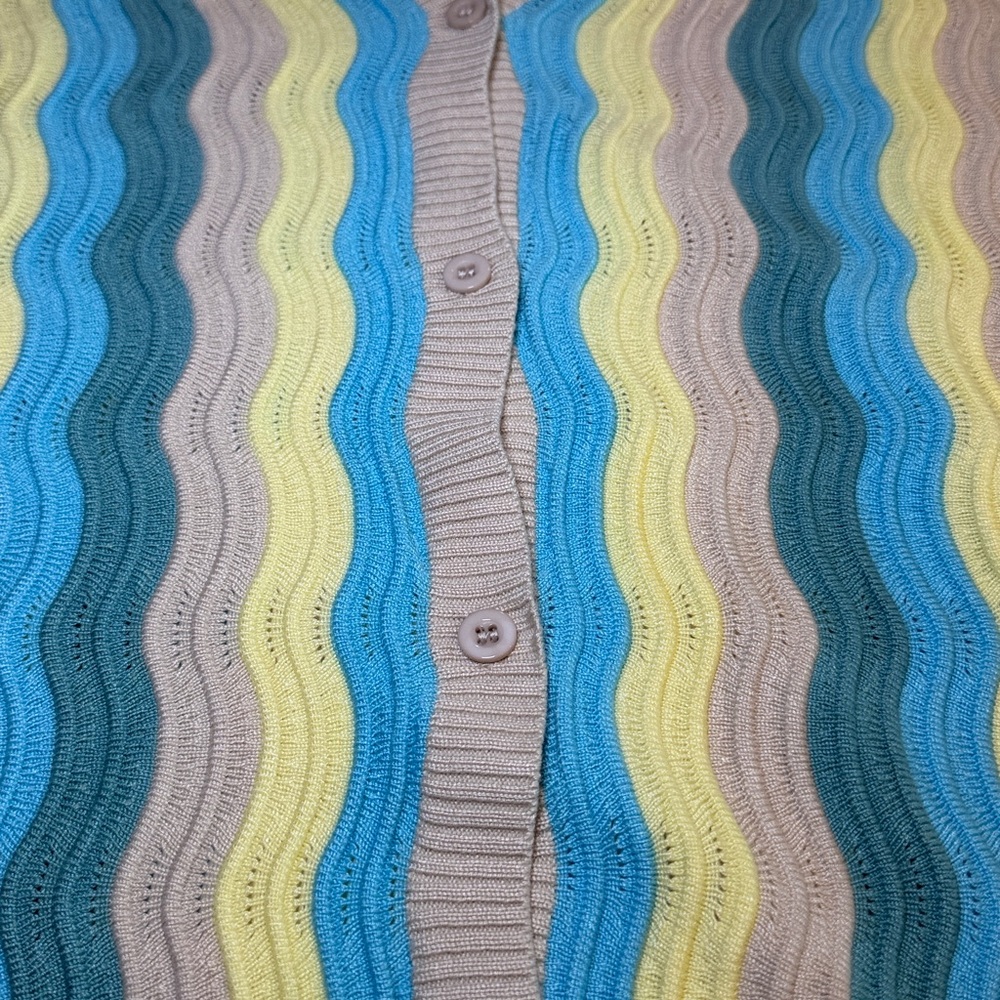 yllw Blue Yellow Wavy Pointelle Knit Button Down Polo Mini Dress Cardigan S/M - Picture 6 of 10